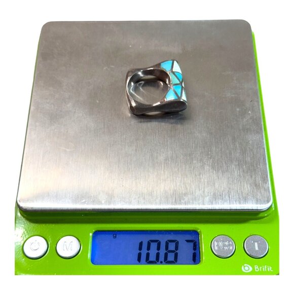 Vintage Sterling Silver Mosaic Inlay Ring  Turquoise & Opal Geometric Design 8 - Picture 6 of 10